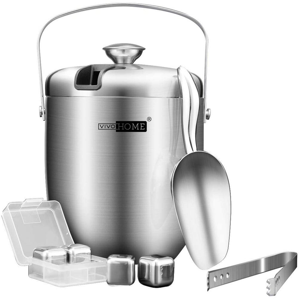 3 qt. Silver Stainless Steel Double Wall Insulated Ice Bucket Set with Lid Tongs Scoop and 4 Reusable Ice Cubes