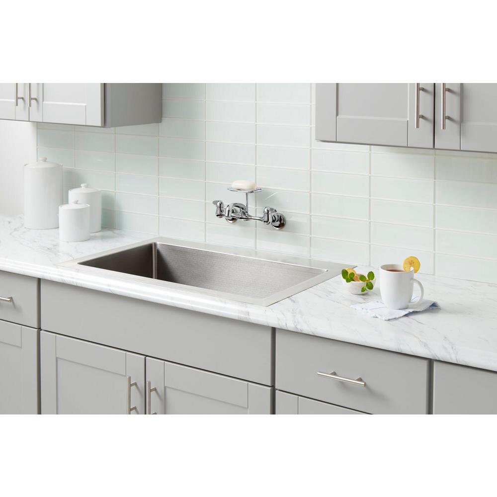 Glacier Bay 2 Handle Wall Mount Kitchen Faucet With Soap Dish In