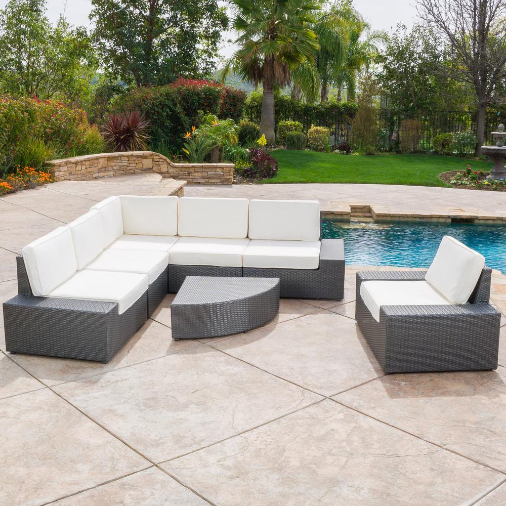 Noble House Santa Cruz Grey 7 Piece Wicker Outdoor Sectional Set With White Cushions 9191 The Home Depot