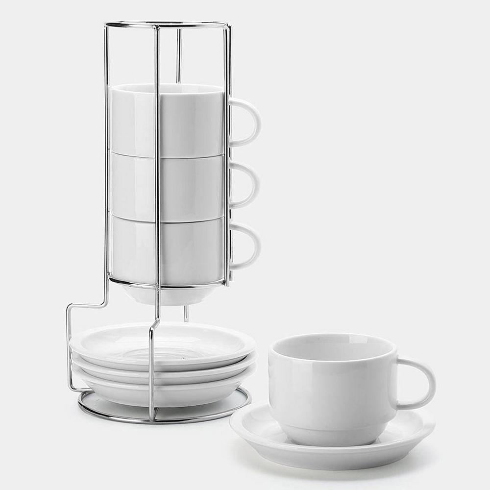 Sweese 8 oz. White Porcelain Stackable Cappuccino Cups with Saucers and