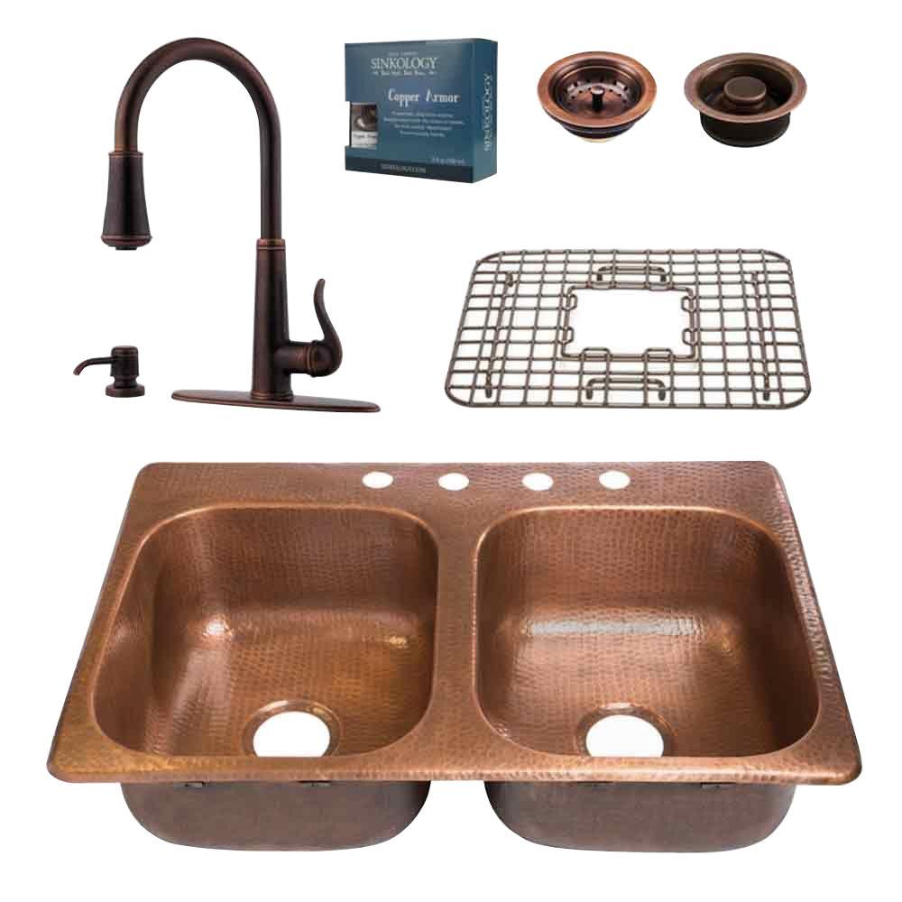 SINKOLOGY Pfister All In One Copper Kitchen Sink 33 In 4 Hole Design   Antique Copper Rustic Bronze Sinkology Drop In Kitchen Sinks Kdf 3322 Gt529 64 1000 