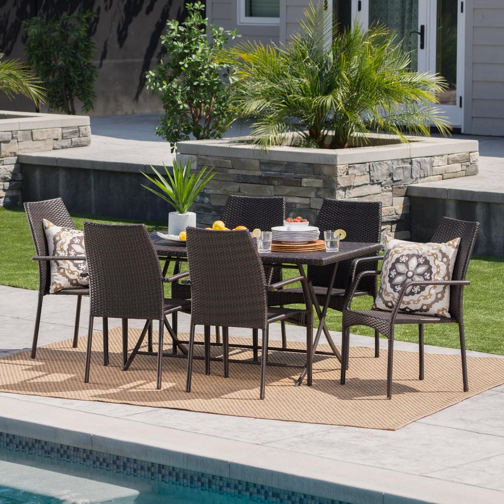 Noble House Multi Brown 7 Piece Wicker Rectangular Outdoor Dining Set 302019 The Home Depot