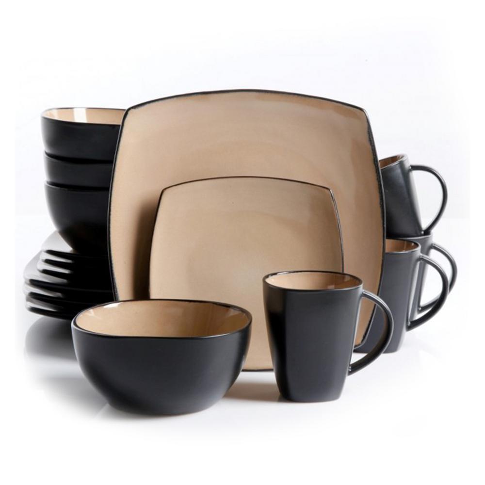 Gibson Home Soho Lounge 16-Piece Black And Taupe Square Stoneware ...