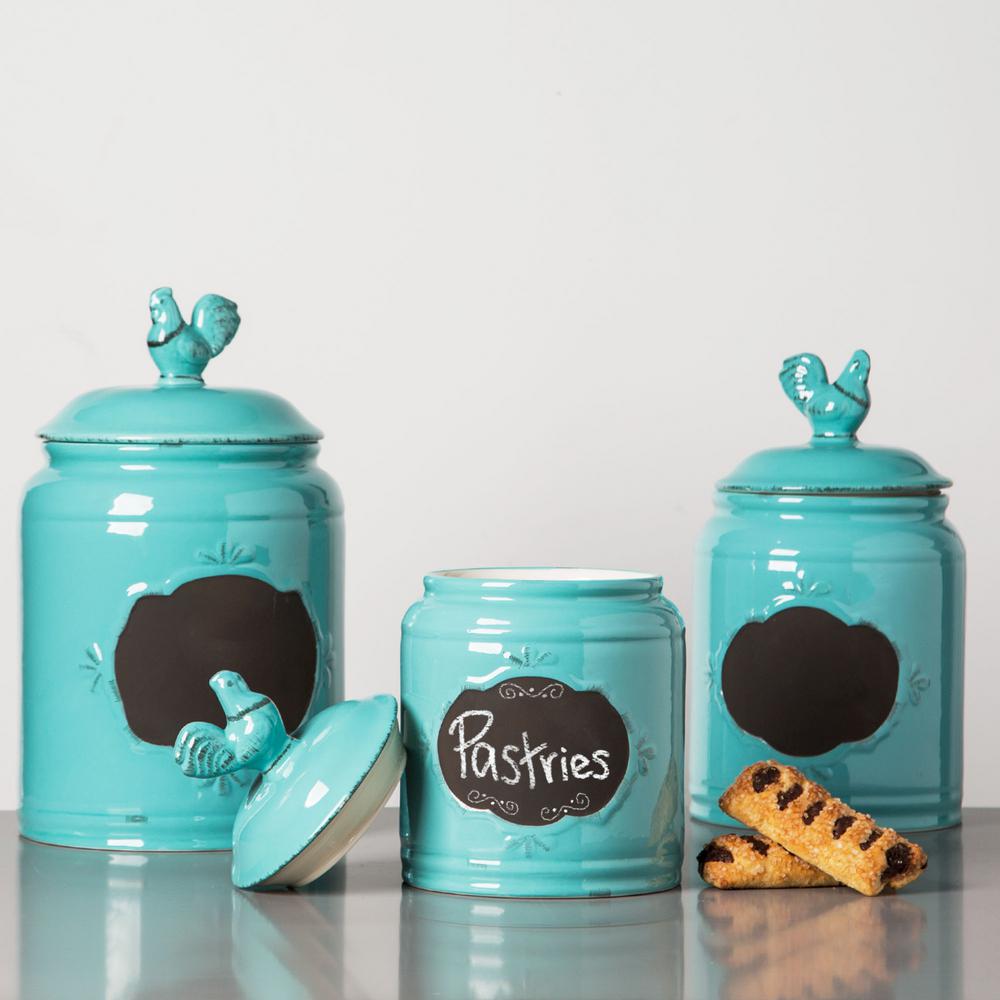 Home Essentials And Beyond Aqua Ceramic Chalkboard Canisters Set