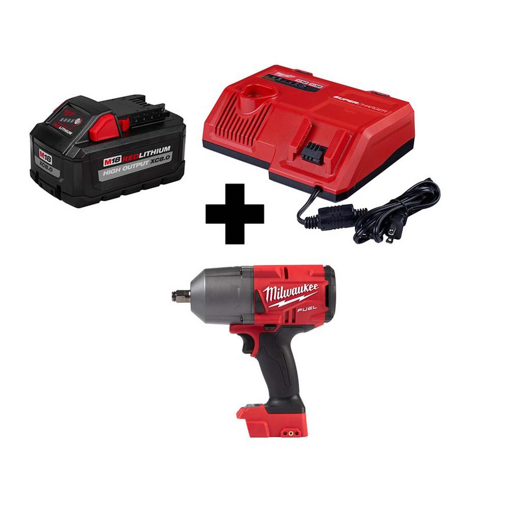 Milwaukee M18 Fuel 18 Volt Lithium Ion Brushless Cordless 1 2 In Impact Wrench Friction Ring With Super Charger 8 0 Ah Battery 48 59 10sc 2767 The Home Depot