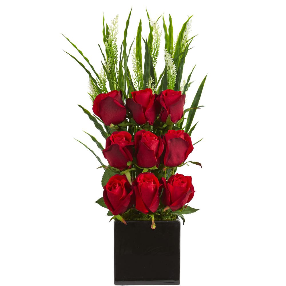 Indoor Elegant Rose Artificial Arrangement In Black Vase Indoor Elegant Rose Artificial Arrangement In Black Vase