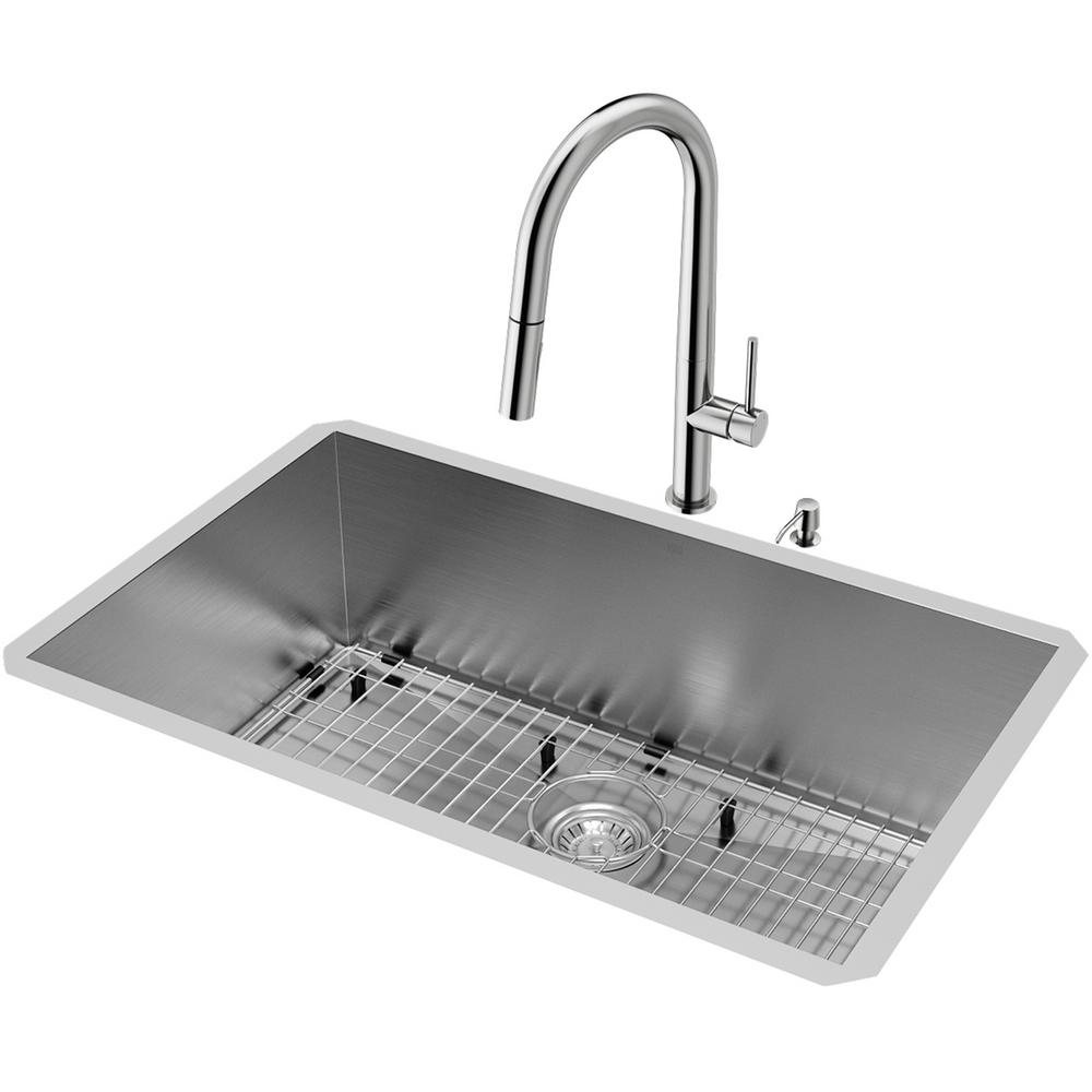 Vigo All In One 30 In Ludlow Stainless Steel Undermount Single Bowl Kitchen Sink Set Stainless Steel Faucet Grid Strainer