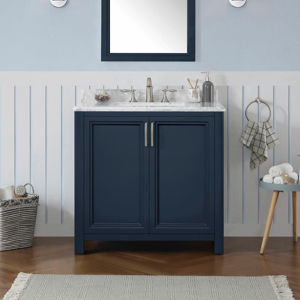 Home Decorators Collection Sandon 36 In, 36 Single Sink Bathroom Vanity Blue With Carrara Marble Top