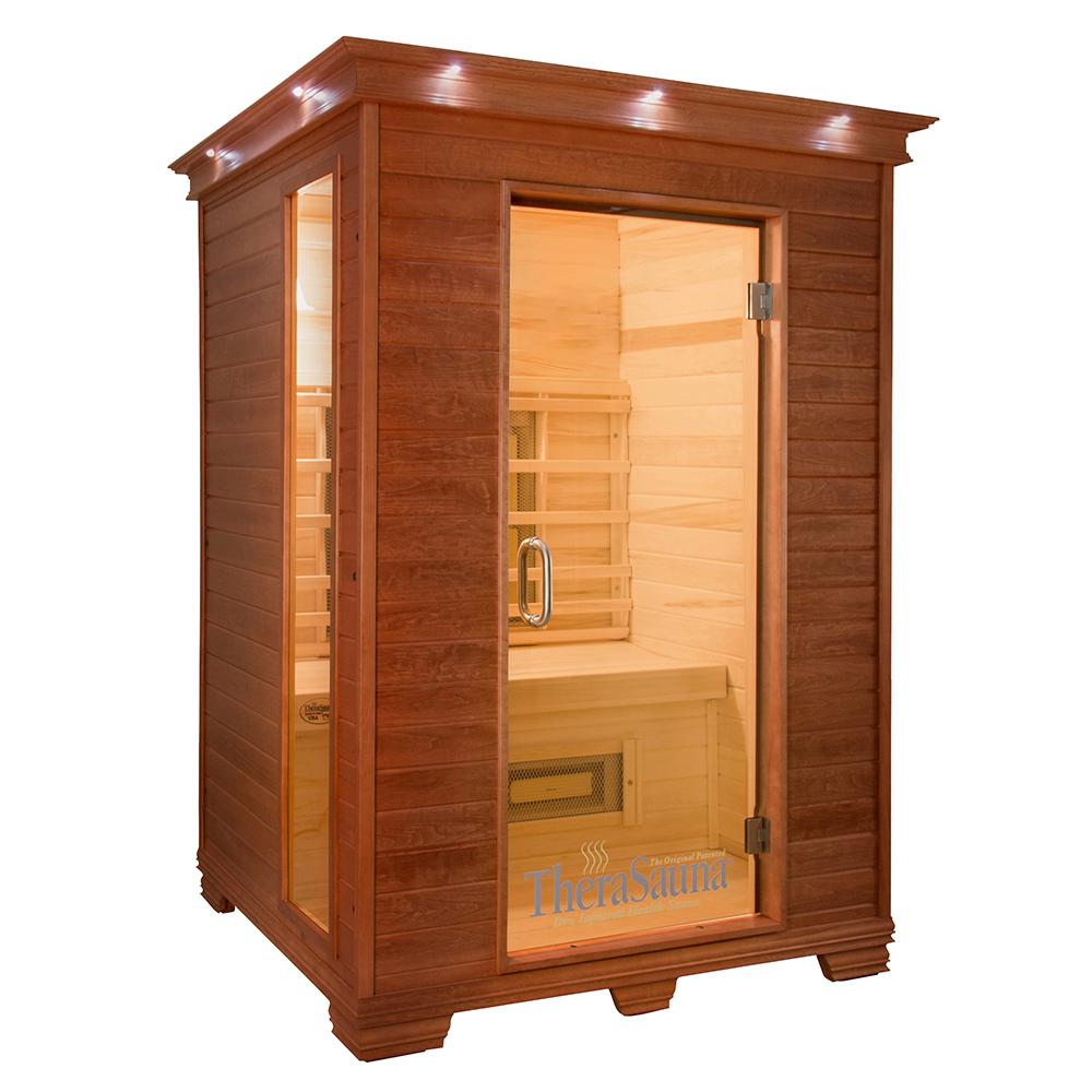TheraSauna 2-Person Plus Infrared Health Sauna with MPS Touchview Control Aspen Wood and 10 TheraMitter Heaters For Sale