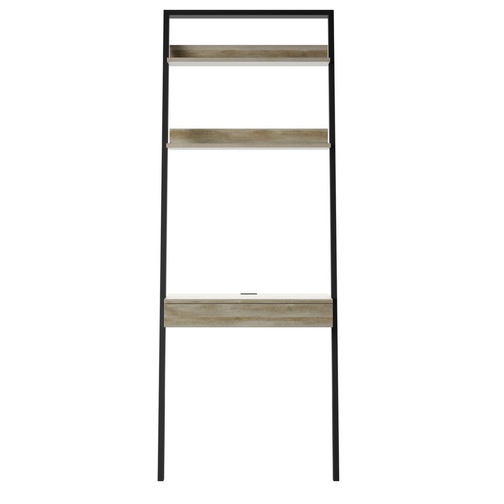 Twin Star Home 30 in. Rectangular Autumn Driftwood Wood 2-Shelves Ladder Desk with Power