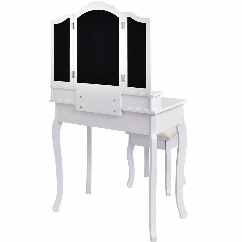 4,Drawer White Vanity Makeup Dressing Table Set W/Stool Mirror Jewelry Wood Desk