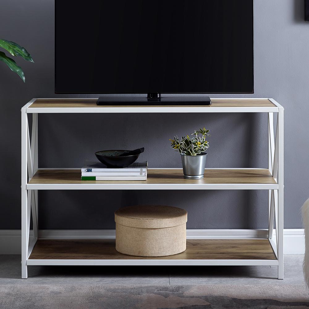 Walker Edison Furniture Company 40 in. Rustic Oak, White Metal Industrial Wood Bookcase