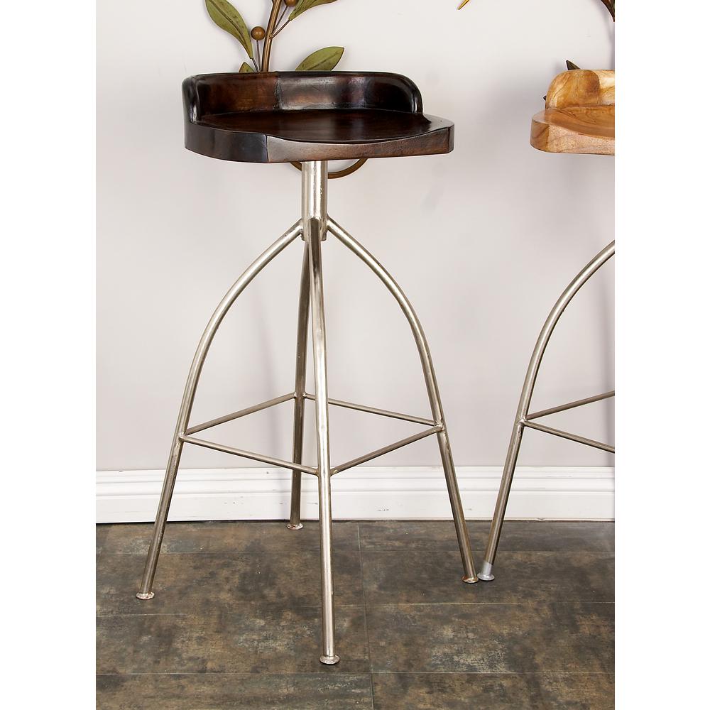 Low Back Extra Tall 34 40 4 Legs Bar Stools Kitchen Silver Metallic Iron Bar Stool With Brown Wooden Seat