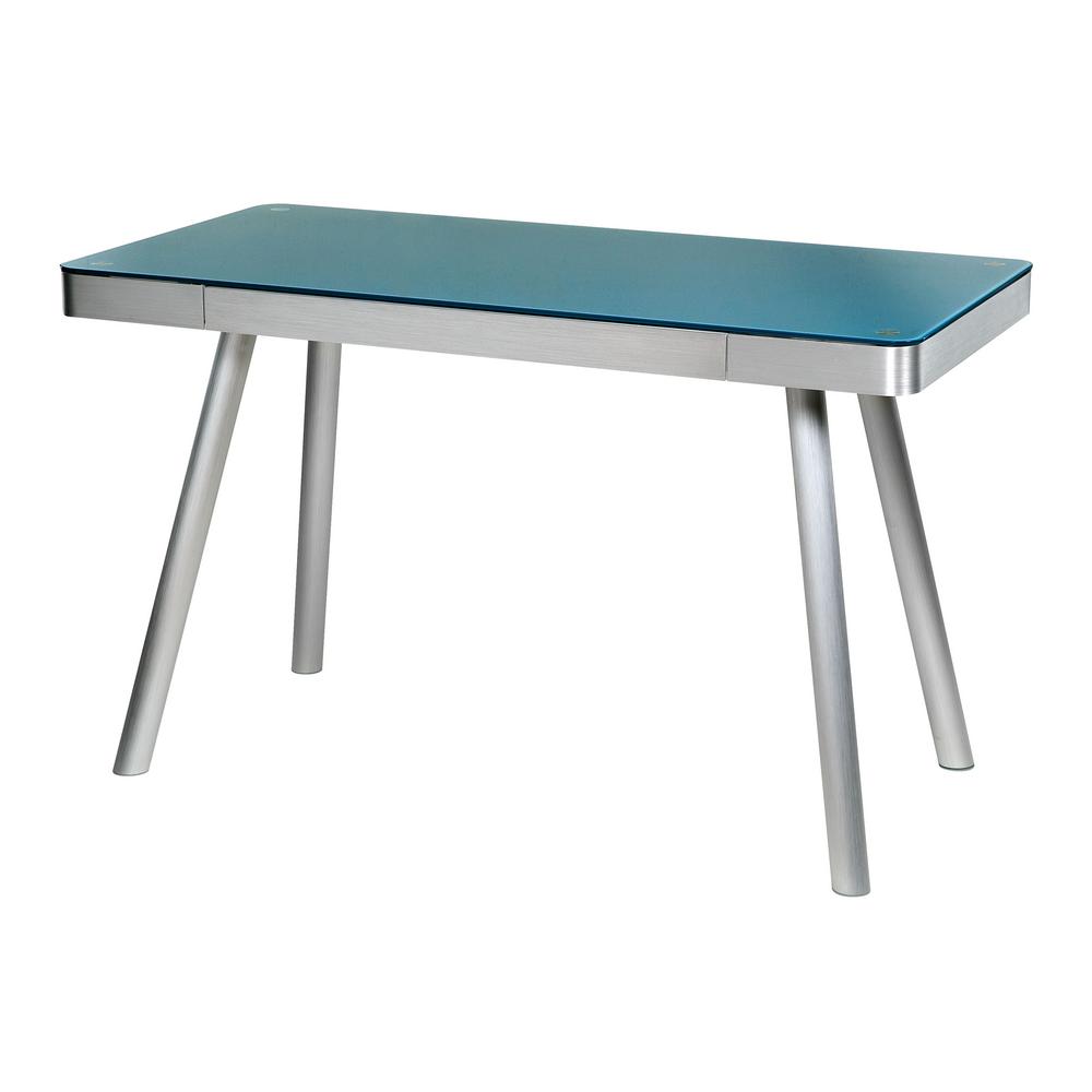 OneSpace Cool Blue Glass Writing Desk with Brushed Aluminum Frame50