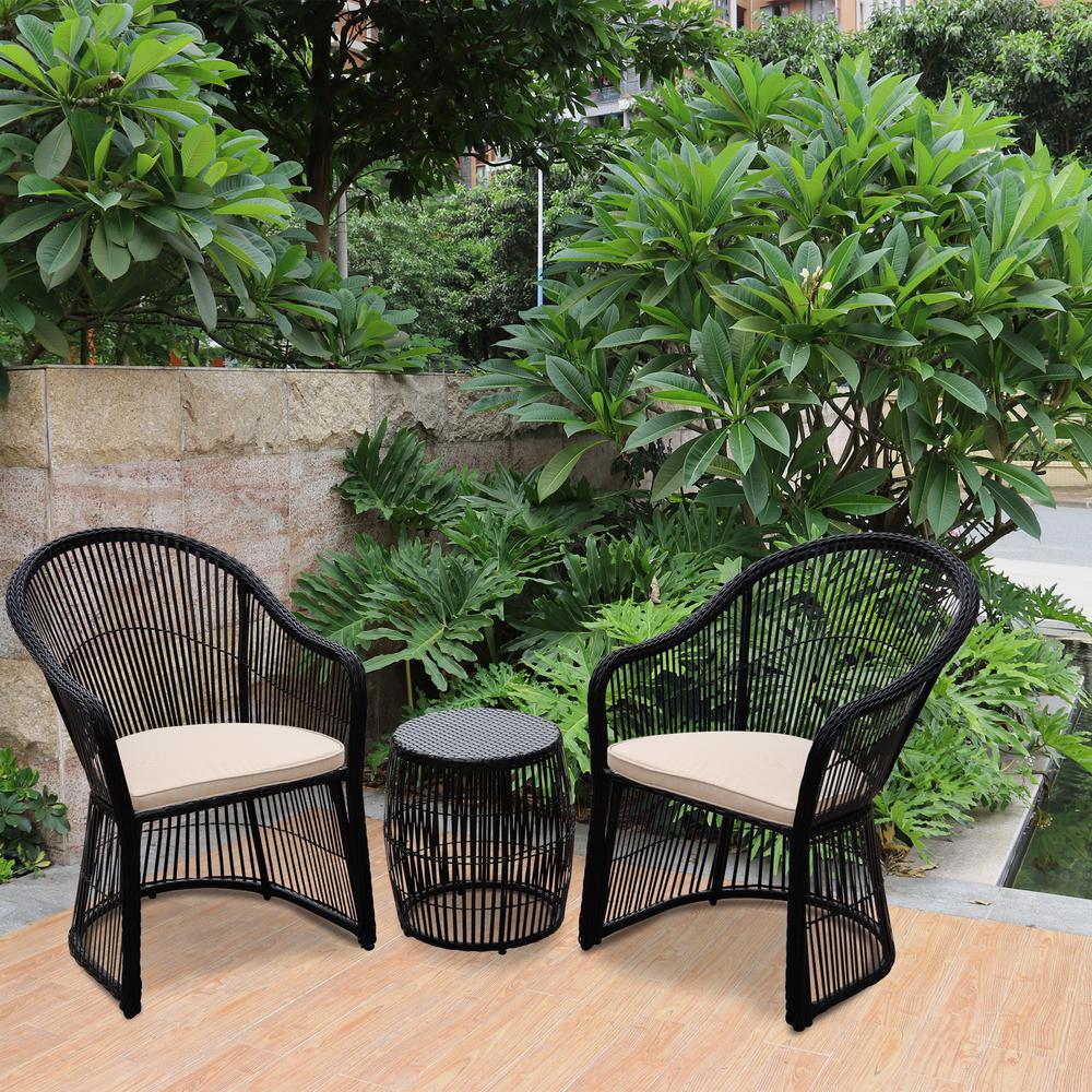 Black 3 Piece Wicker Outdoor Conversation Set With Beige Cushions Black 3 Piece Wicker Outdoor Conversation Set With Beige Cushions