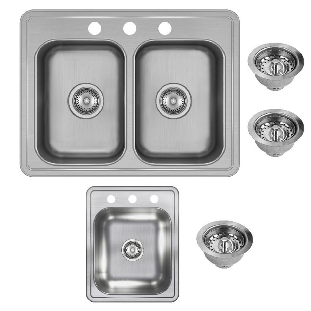 Elkay Dayton Drop In Stainless Steel 25 In 3 Hole Double Bowl Kitchen Sink With 17 In Bar Sink And Drains
