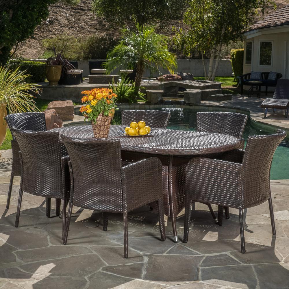 Noble House Corsica Multi-Brown 7-Piece Wicker Outdoor Dining Set