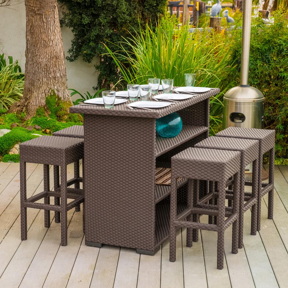 Noble House Dark Brown 7 Piece Wicker Rectangular Outdoor Bar Height