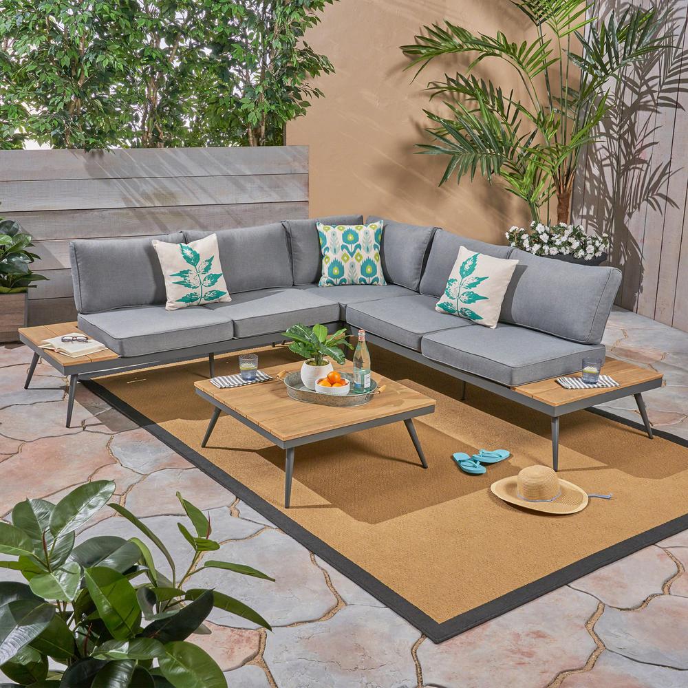 Noble House Norfolk 4 Piece Natural Brown Wood And Gray Aluminum Patio Sectional Seating Set With Gray Cushions 42790 The Home Depot