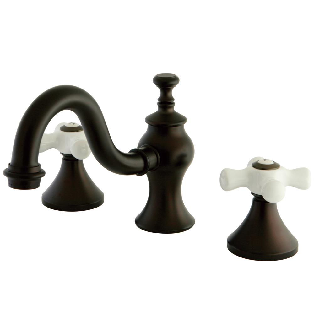 Kingston Brass Porcelain Cross 8 In Widespread 2 Handle High Arc Bathroom Faucet In Oil Rubbed