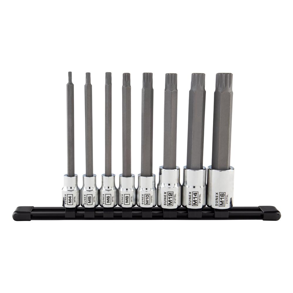 Sunex Tools 3/8 in. and 1/2 in. Drive Chrome Long Triple Square Bit Socket Set with Rail (8