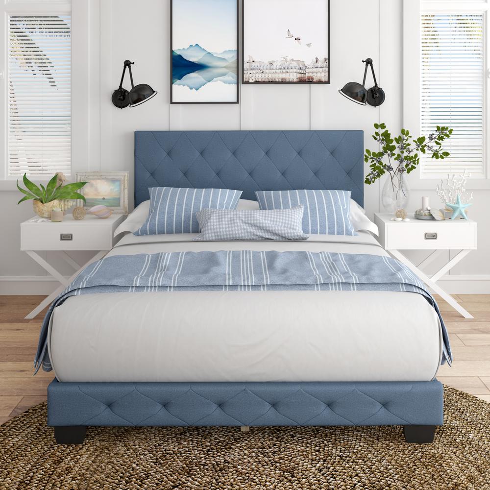 RestRite Vera light blue linen king upholstered platform bed frame