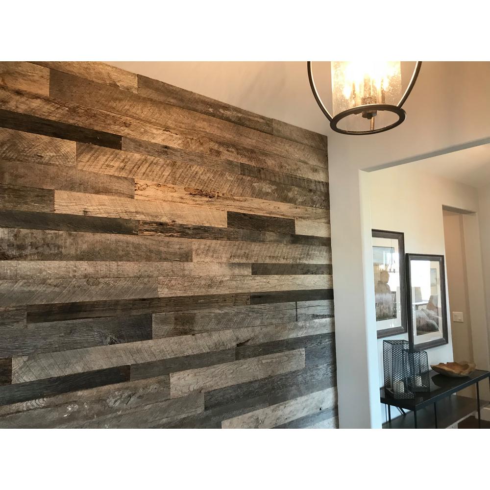 Vintage Timber 3 8 In X 4 Ft Random Width 5 Grey Reclaimed Planks Decorative Wall Panel 10 59 Sq Pack 2102 The Home Depot - Interior Wood Wall Paneling Home Depot