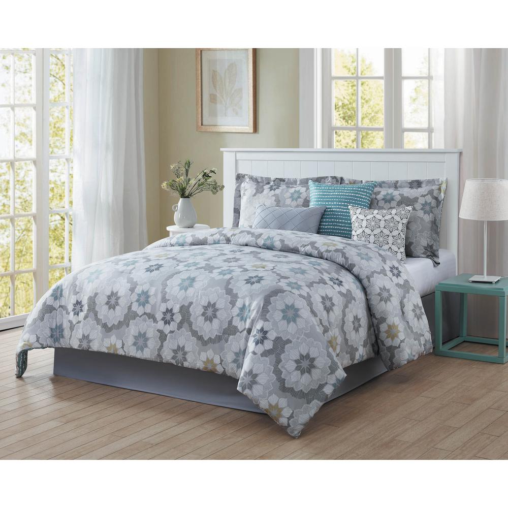 Splendid 7 Piece Blue Grey White Black Gold Queen Comforter Set