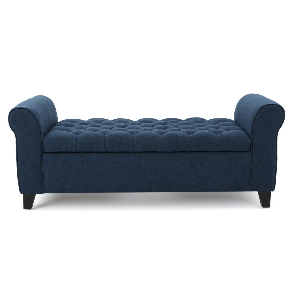 Noble House Keiko Tufted Dark Blue Fabric Armed Storage Bench, Dark Blue and Dark Brown was $191.43 now $130.29 (32.0% off)