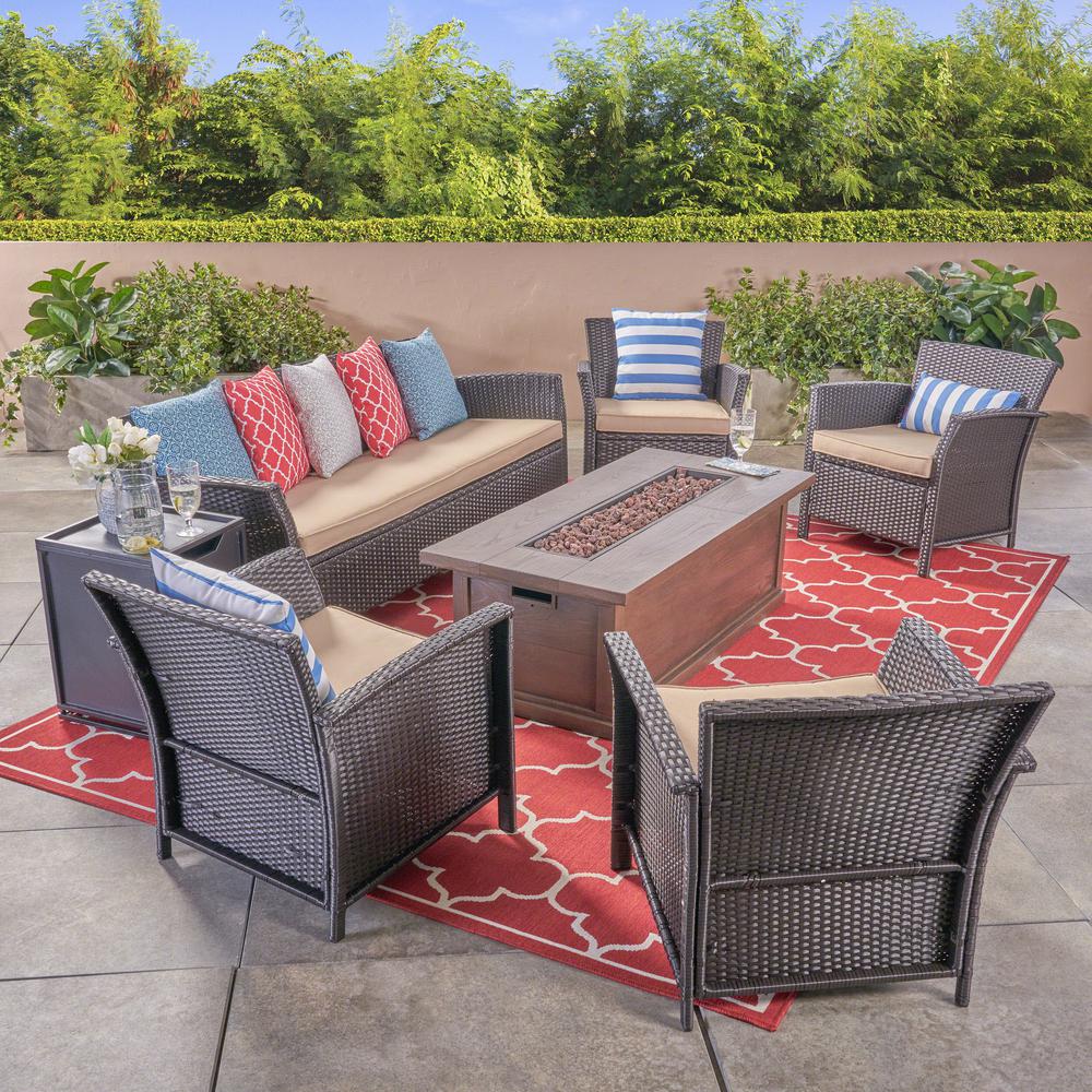 Noble House St. Lucia Brown 7-Piece Wicker Patio Fire Pit ...