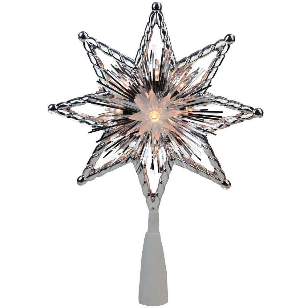 Northlight 8 In Retro Silver Tinsel 8 Point Star Christmas Tree Topper Clear Lights The Home Depot