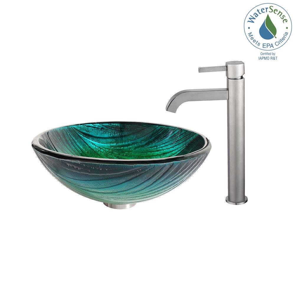 KRAUS Nei Glass Vessel Sink in Green with Ramus Faucet in Satin Nickel