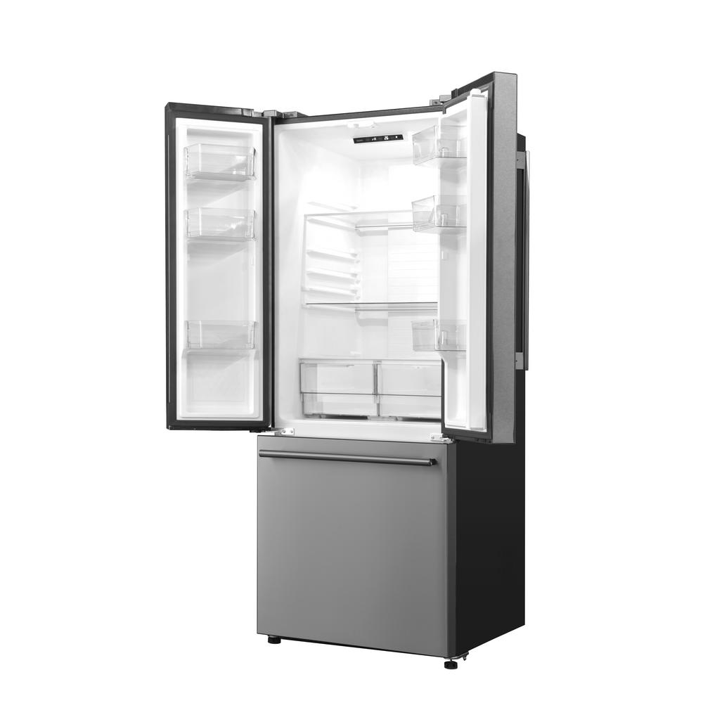 The Galanz 3-Door French Door Refrigerator with Bottom Freezer Installed Ice Maker includes 2 half width removeable crisper drawers with humidity control for storing all of your fruits vegetables. Humidity control keeps them fresh! It is super easy to clean with 3 full width glass shelves that slide out in case of spills Simply remove and wipe clean! The bottom mount freezer slides open to reveal 2 full width storages drawers to help in organizing your frozen groceries while maximizing your freezer space. It also contains an installed ice maker that produces 3 lbs of cubed ice daily. The Galanz 3 Door French Refrigerator uses a refrigerant that is a hydrocarbon with low global warming potential in addition to a low energy consumption compressor - Cool things down efficiently and quietly! With a storage capacity of 16 cubic feet and measuring 28.25 W x 29.25 D x 70 H, it is perfectly sized to store all of your everyday groceries in addition to freezing meats, veggies, frozen treats, and more!. Your Galanz 16 Cu.Ft bottom freezer has two-tier freezer storage and adjustable shelves two humidity control crisper drawer in the refrigeration compartment to provide your family with flexible storage solutions. The product has a factory installed ice maker providing up to 3 lbs. of ice daily. Galanz appliances provide outstanding technology and great quality to bring you fantastic value in kitchen appliances. The built-in ice maker in the upper freezer drawer makes 3 lbs. of cubed ice daily so youre ready for entertaining. Preventing frost build-up. Frost will not form on your food or the freezer's interior, so you won't have to spend time removing items in order to defrost. Easy temperature adjustment. Electronic temperature control allows you to easily change the temperature to suit your needs. Better organization and longer freshness. Full width Clear crisper drawers keep your fruits and vegetables fresh longer.