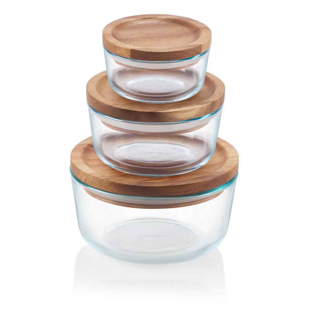 Pyrex 6pc Glass Round Food Storage Container Set with Wooden Lids