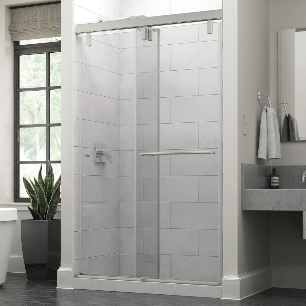 Delta Portman 48 X 71 1 2 In Frameless Mod Soft Close Sliding Shower Door In Nickel With 3 8 In 10mm Clear Glass