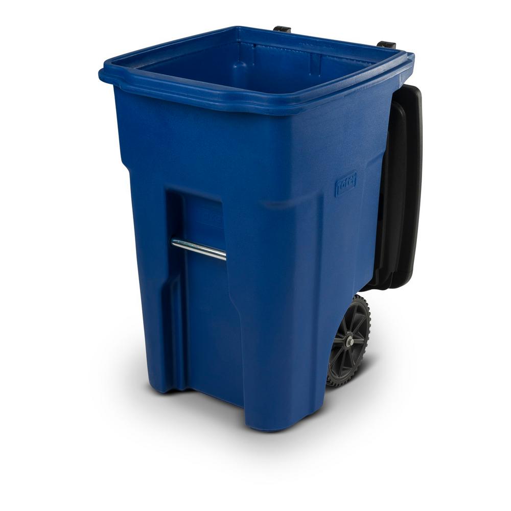 Blue Trash Can w/ Wheels 48 Gal Attached Lid Garbage Bin Rolling Heavy
