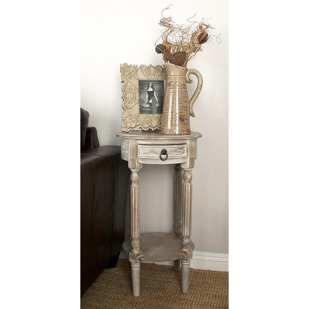 Litton Lane Whitewashed Taupe Round Wooden Accent Table With