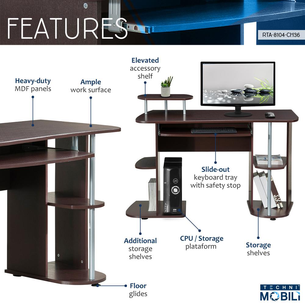 Techni Mobili Chocolate Complete Computer Workstation Desk With