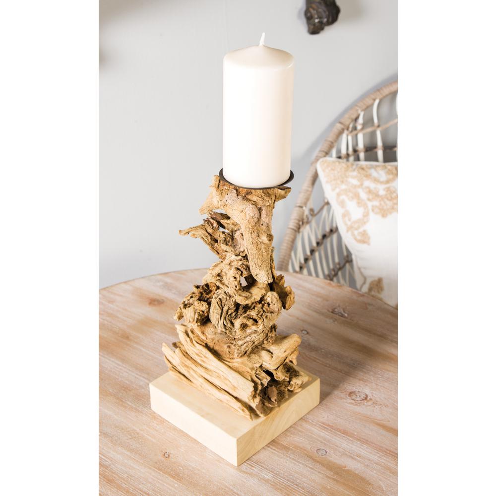 Decmode - Large Recycled Natural Tree Root Wooden Pillar Candle Holder with Spike  6” x 12”