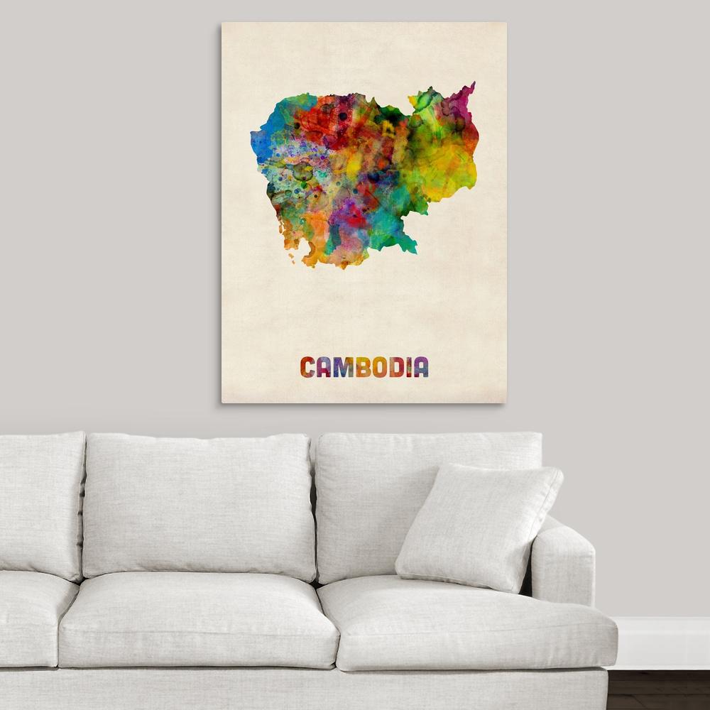 Cambodia Watercolor Map By Michael Tompsett Canvas Wall Art - 