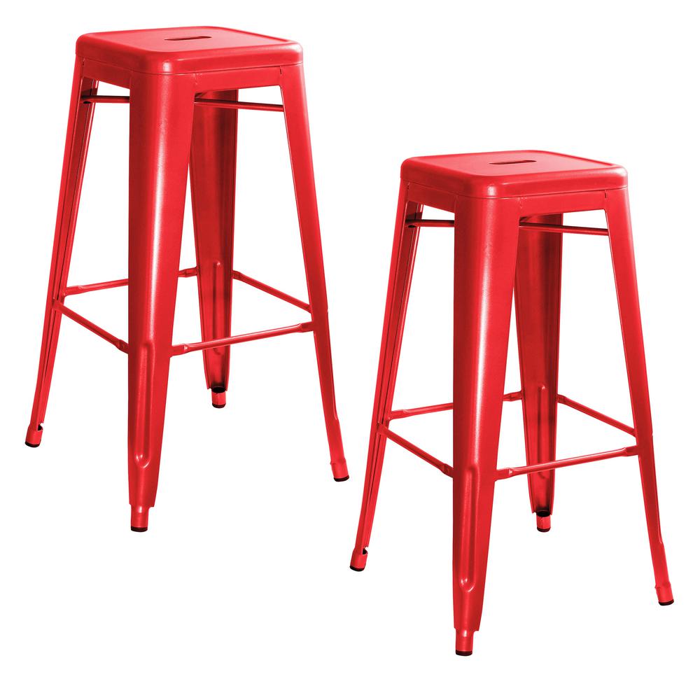AmeriHome Loft Style 30 in. Stackable Metal Bar Stool in Red (Set of 2