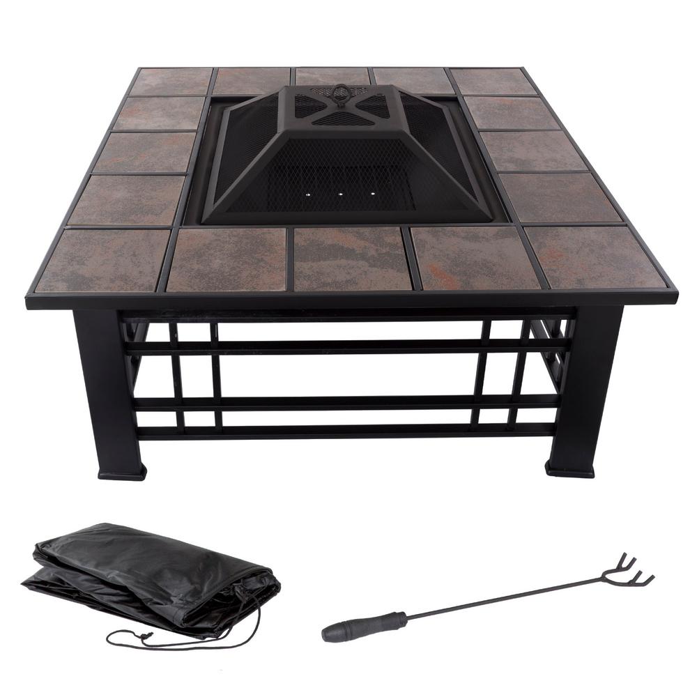 Pure Garden 32 In Steel Square Tile Fire Pit With Spark Screen