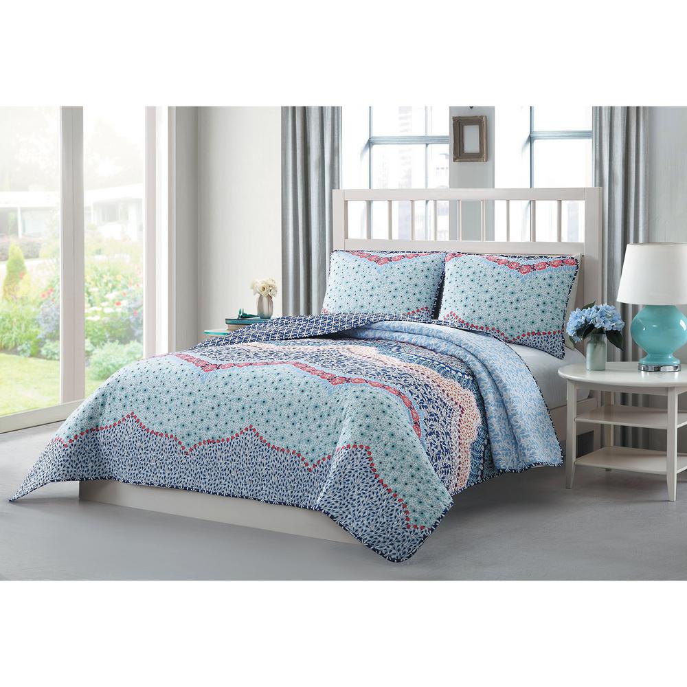 Caravan 3 Piece Blue Pink Purple White King Quilt Set Ymz007300