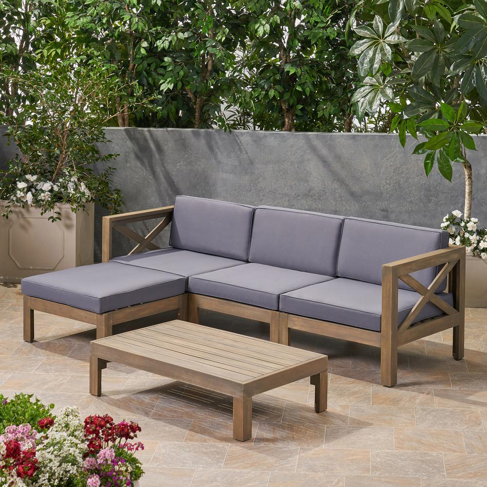 Noble House Alcove Grey 5 Piece Acacia Wood Patio Conversation Sectional Seating Set With Dark Grey Cushions 65595 The Home Depot