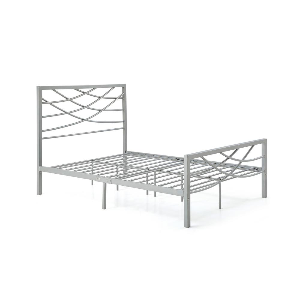 HODEDAH Complete Metal Silver Queen Bed With Headboard, Footboard ...