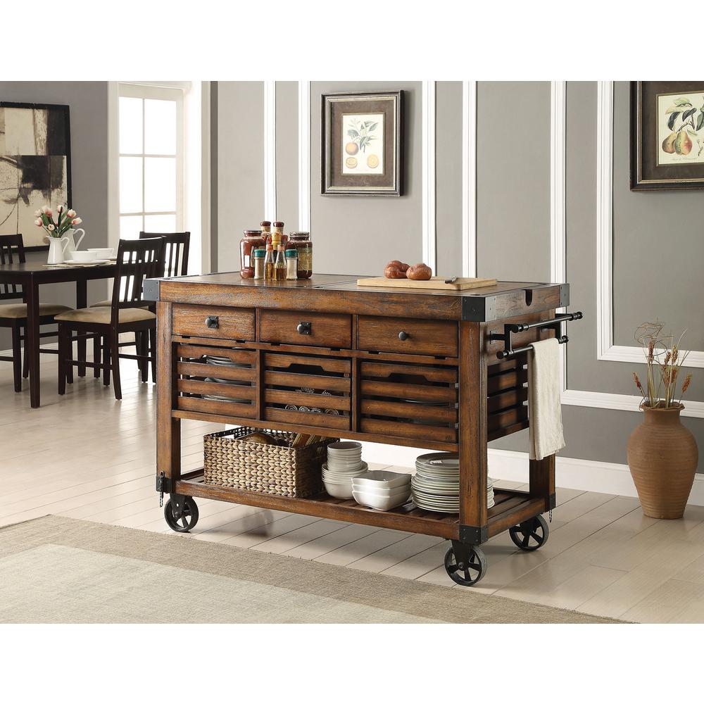 Acme Furniture Kaif Distressed Chestnut Kitchen Cart With Storage