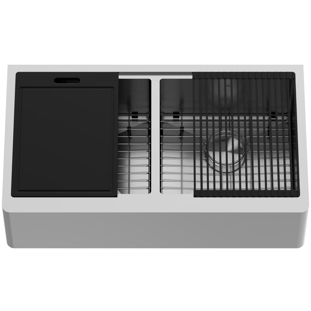 Rounded Corners and SoundAbsorb Technology VIGO VG3620BLK1 36 Inch Double Bowl 16 Gauge Stainless Steel Commercial Grade Farmhouse Apron Front Kitchen Sink with Two Grids and Two Strainers