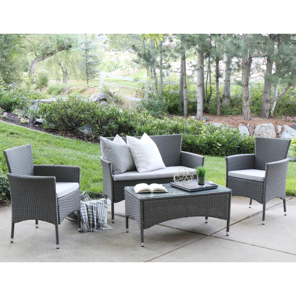 Walker Edison Furniture Company Patio Conversation Sets Grey Rattan 4 Piece Patio Chat Set With Cushions Walker Edison Furniture