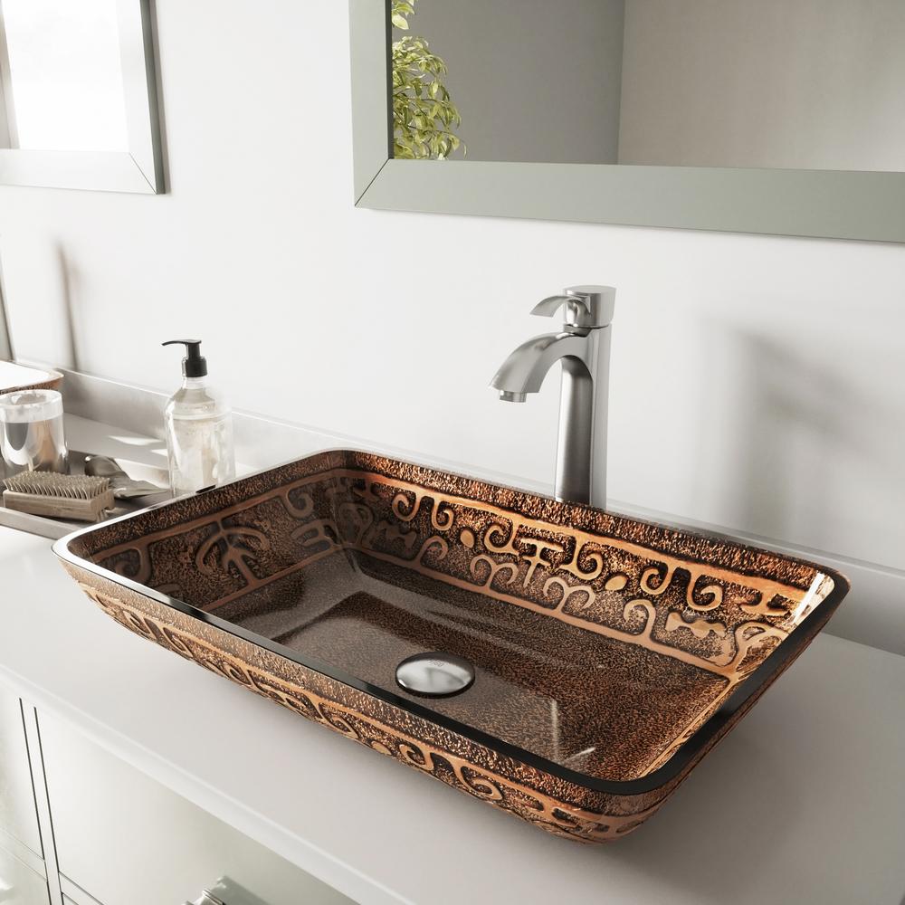 Vigo Rectangular Gl Vessel Bathroom Sink In Golden Greek With Otis Faucet Set Brushed Nickel Vigo Rectangular Gl Vessel Bathroom Sink In Golden Greek With Otis Faucet Set Brushed Nickel