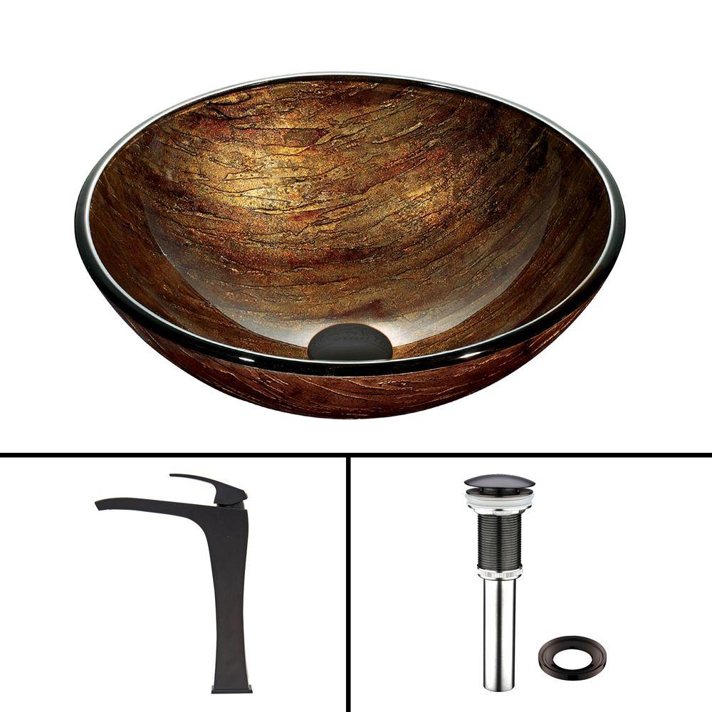 VIGO Glass Vessel Sink in Amber Sun Set and Blackstonian Faucet Set in